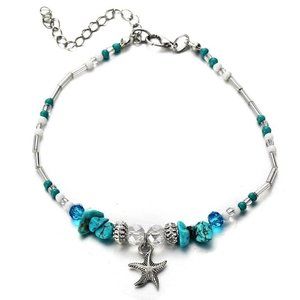Silver Starfish Charm Ankle Bracelet with colorful stones and beads